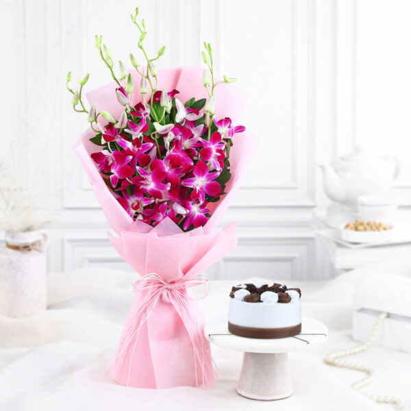 Dreamy Violet Whispers Orchids Bouquet N Black Forest Combo